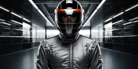 Portrait of F1 driver wearing helmet, formula one pilot standing on race track after competition copy space  - obrazy, fototapety, plakaty
