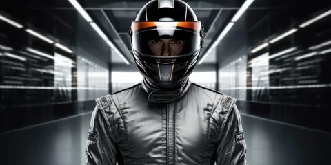 Foto op Plexiglas Portrait of F1 driver wearing helmet, formula one pilot standing on race track after competition copy space  © kimly