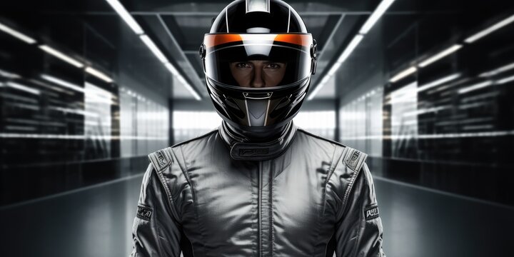 Portrait of F1 driver wearing helmet, formula one pilot standing on race track after competition copy space 