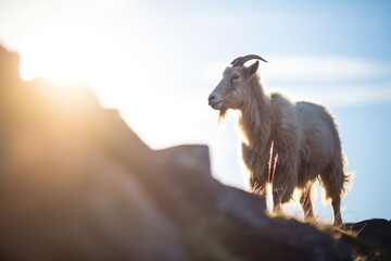 Obraz premium backlit goat with sun flares on cliff edge