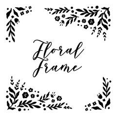 Floral Handdrawn Corner Frame Set in Retro Curl Style. Beautiful Flora Filigree Wall Art Decor. Vector Nature Illustration Isolated on White Background. Linocut Floral Ornament. Print Decoration