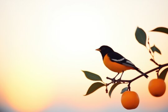 oriole silhouetted against orange grove sunset