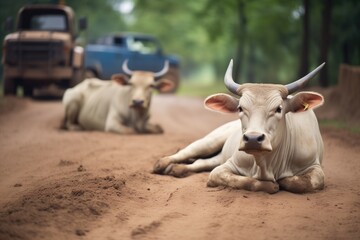 mud-covered oxen relaxing next to a dirt road - obrazy, fototapety, plakaty