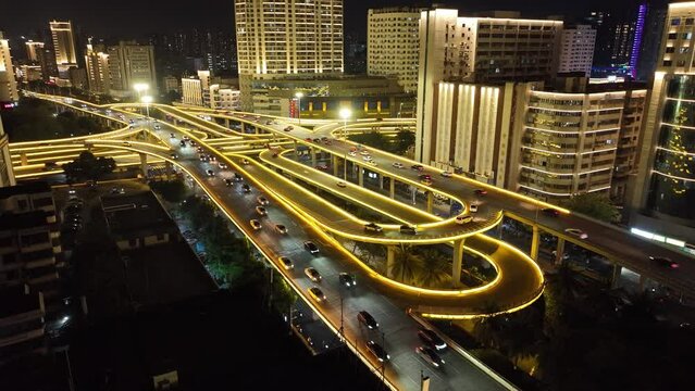 view of city overpass at night