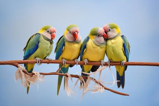 parakeets on a perch preening under the wings