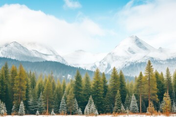 pine forest covered in snow with a mountain backdrop