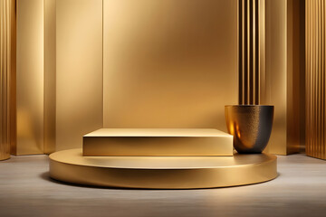 3d render, abstract minimal geometric forms. Glossy golden luxury podium for your design, cosmetic product display. Generative AI 