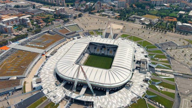 Turin, Italy - July 15, 2023: Allianz Stadium. Juventus stadium seats 41,000, opened in 2011. Area12 Shopping Center, Aerial View