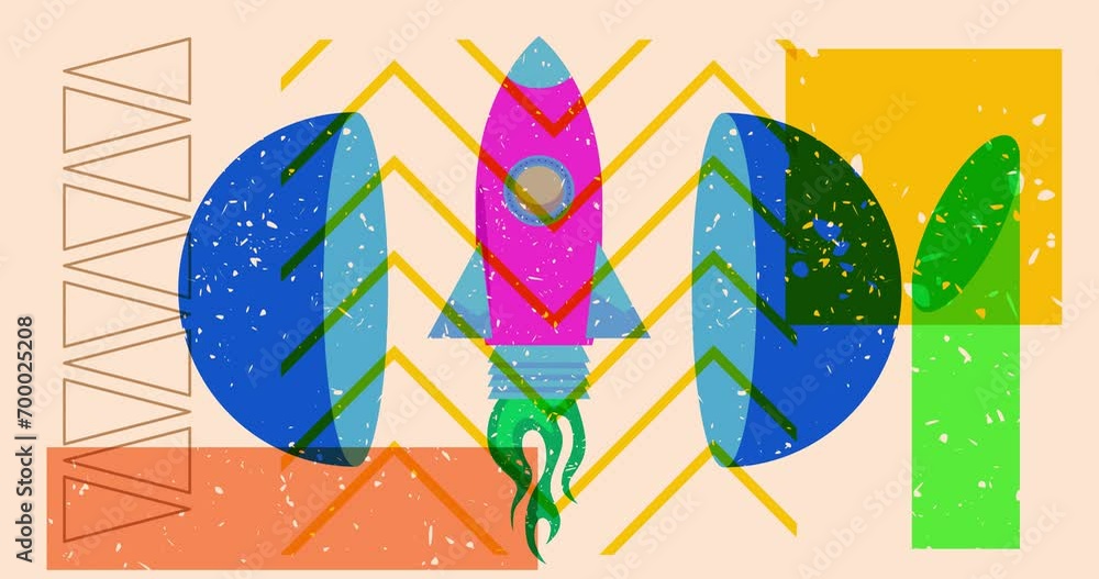 Poster risograph rocketship with geometric shapes animation. moving spaceship and object in trendy riso gra