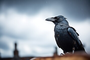 black raven against a backdrop of storm clouds