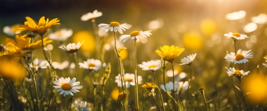 Banner, Canto della Primavera- Fiori Gialli e Margherite in un Paesaggio Affascinante al Sole, Banner, Song of Spring- Yellow Flowers and Daisies in a Fascinating Landscape in the Sun