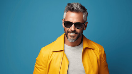 Portrait of charming mature man true boss feel content emotions wear yellow shirt isolated over blue color background
