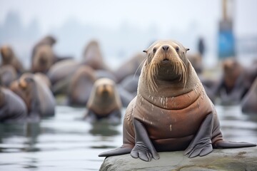 barking sea lion amidst quiet group - obrazy, fototapety, plakaty