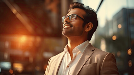 Fototapeta premium Happy wealthy rich successful indian business man standing in big city modern skyscrapers street on sunset thinking of successful future vision 