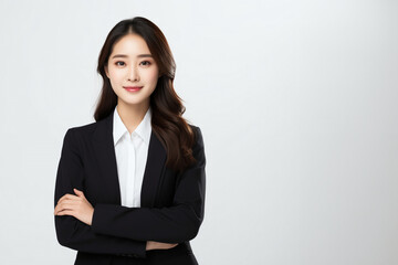 Portrait of young asian business woman confident smiling, wearing business suit, elegant professional, standing pose arms crossed, studio isolated white background with copy space, banner, sale