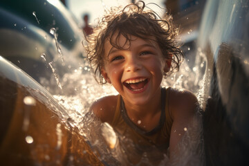 a child playing with water in a slide - obrazy, fototapety, plakaty