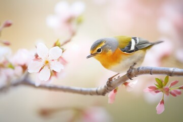 warbler feeding on nectar in peach blossoms - obrazy, fototapety, plakaty
