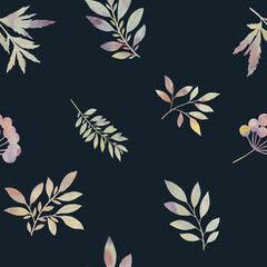 Bright colorful leaves drawn in watercolor on a dark background, seamless botanical pattern