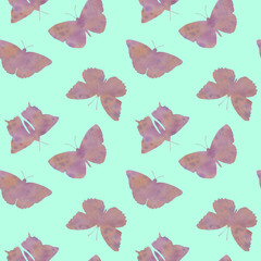 Abstract watercolor butterflies on a green background, seamless pattern.