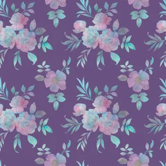 Keuken spatwand met foto watercolor peony flowers with leaves, for wallpaper, wrapping paper, packaging, seamless pattern, hand drawn illustration on lilac background © Sergei