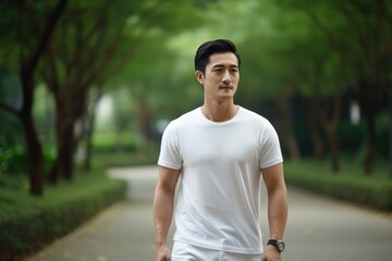 An Asian man in a white T-shirt stands in a park