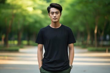 An Asian man in a black T-shirt stands in a park - obrazy, fototapety, plakaty