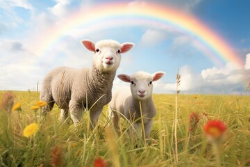 Fototapeta premium lambs in a meadow with a rainbow