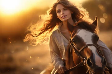 Fototapeten a young woman horse riding in the enchanting golden hour of sunset © Kien