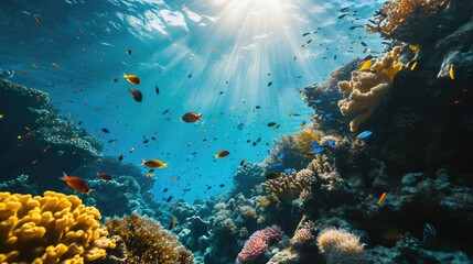 Fototapeta na wymiar Beautiful underwater scenery with various types