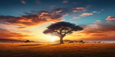 Mesmerizing view of the silhouette of a tree in the savanna plains during sunset - Powered by Adobe