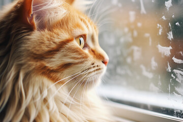 cat looks out the window with snowflakes in winter