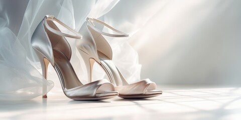 White wedding shoes and the bride's bouquet with a dedicated space for text - obrazy, fototapety, plakaty