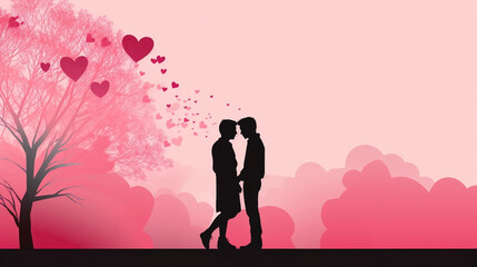 copy space, simple vector illustration, silhouette of a gay male couple hugging, valentine's poster, red and pink tones. Beautiful background or for valentine’s day. Beautiful background. Valentine’s 