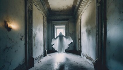 White spooky ghostly figure flying at the end of a dark corridor in abandoned haunted house
