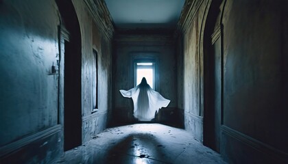 White spooky ghostly figure flying at the end of a dark corridor in abandoned haunted house