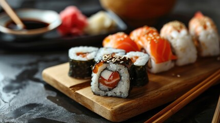 Salmon maki roll with red caviar on dark background