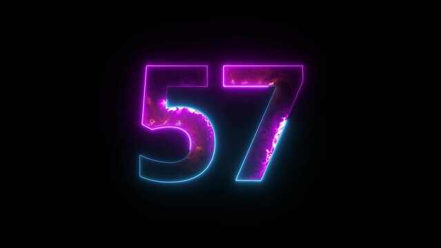 Neon number 57 with alpha channel, number fifty seven