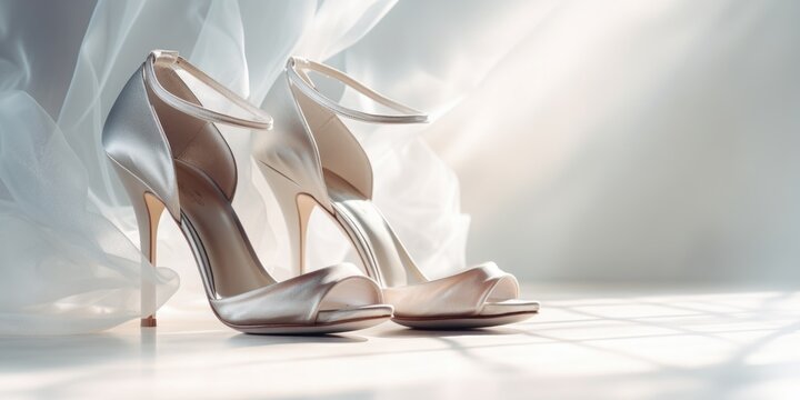 White wedding shoes and the bride's bouquet with a dedicated space for text