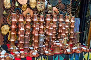 Handmade products exposed for sale at old part of Sarajevo, Bascarsija.