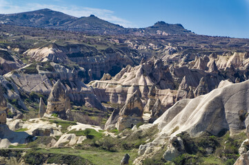 Aerial view over natural landscape in Cappadocia, Turkey.
