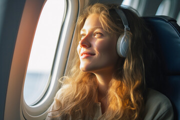 woman smiling and looking out the airplane window