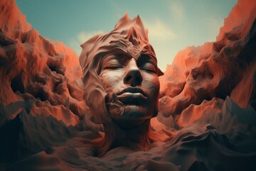 Digital art of a surreal facial landscape in a 3D-generated abstract background. Generative AI