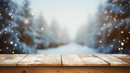 Christmas themed wood table with snowy background