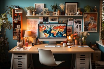 Freelancer's home office featuring a vision board filled with aspirations and dreams, Generative AI