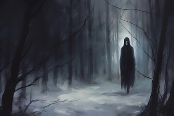 ghosts in a winter landscape, a gloomy picture, a scary story