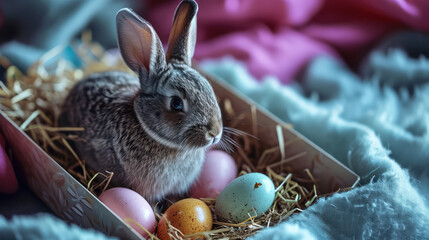 Fototapeta na wymiar Cute fluffy bunny peeking out of an open gift box. Festive packaging, Happy Easter postcard, bunny hiding in a box, copy space. 