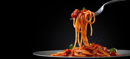 Italian Pasta with tomato sauce on a metal fork, copy space for text. Promotional banner for Italian week in a restaurant.