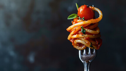 Italian Pasta with tomato sauce on a metal fork with basil leaf, copy space for text. Promotional banner for Italian week in a restaurant. - obrazy, fototapety, plakaty