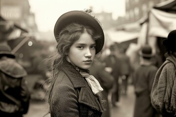Young girl in hat and coat at market. Old black and white street portrait photographs from the 19th century.