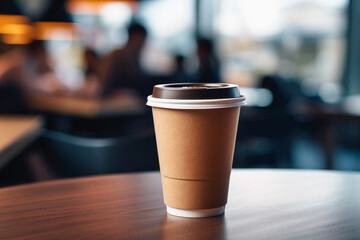 Fototapeta na wymiar close-up shot of a paper cup of coffee in a cafe